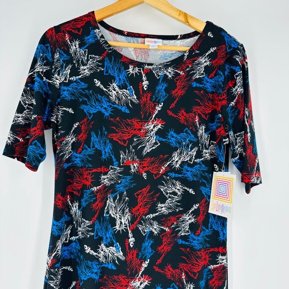 LuLaRoe Juliet Dress Patriotic Black Red Blue White Statue Of Liberty Print L - Picture 3 of 7